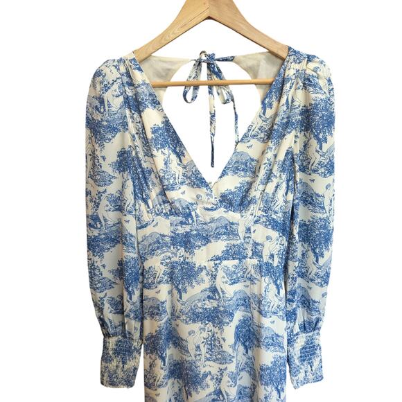 Reformation Juliette Toile Blue White Long Sleeve Slit Midi Dress Size 2 - Picture 3 of 6